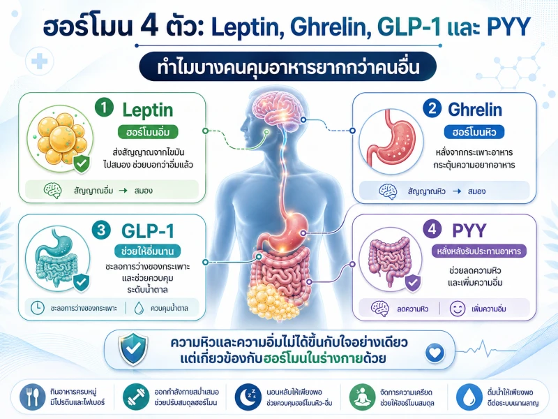 ฮอร์โมน 4 Leptin, Ghrelin, GLP-1 และ PYY : ทำไมบางคนคุมอาหารยากกว่าคนอื่น